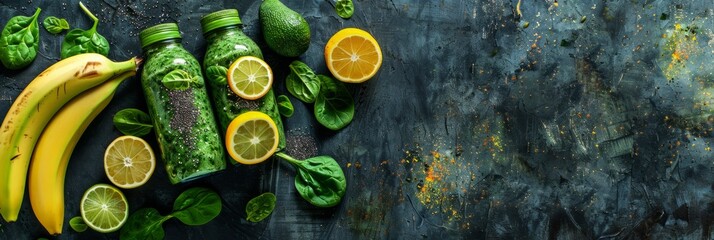 Organic and healthy green smoothie with banana, spinach, avocado, citrus fruits and chia seeds in a glass bottles on a rustic background with copy space