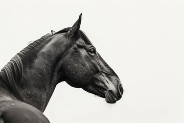 Face of a black horse in profile isolated on white background with copy space. Generative AI.