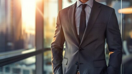 Male CEO in charcoal grey suit, torso view, reviewing global trade report, modern office backdrop, representing global commerce expertise, cybernetic tone, Analogous Color Scheme