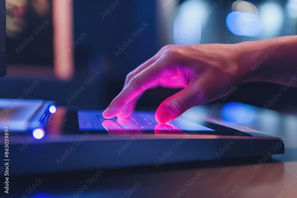 Aufkleber closeup of a hand using a biometric scanner to access a computer, with space for text