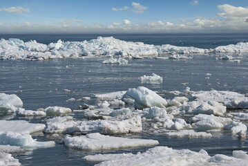 Russia. The western coast of Sakhalin Island. The picturesque last ice in the spring Sea of Okhotsk.