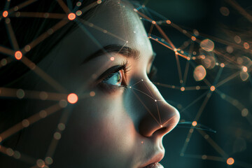 Close-up of a young girl face in profile with network or wirefreme overlay. Generative AI.