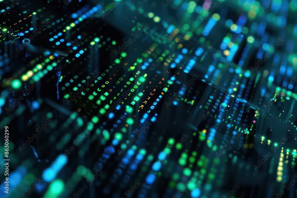 Aufkleber closeup of a holographic computer screen displaying code, with copy space