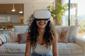 Portrait. Excited girl using her VR virtual reality metaverse headset at home. Generative AI.