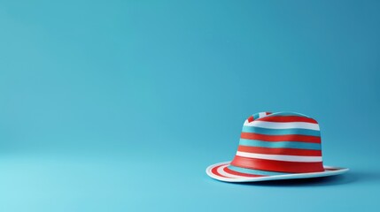 Colorful striped hat on a blue background. Stylish, vibrant, and modern headwear perfect for summer and fashion themes.