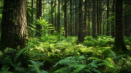 Obraz premium fascinating spring forest with fresh ferns and old trees : Generative AI