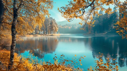 Obraz premium Lake view in autumn Autumn landscape in beautiful colorful nature Golden autumn leaves on beautiful lake Forest landscape in colorful autumn season Colorful lake scenery in the forest : Generative AI