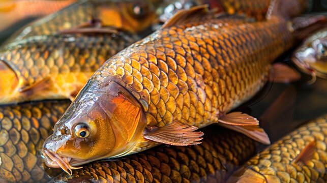 Freshly caught catla rohu carp fish available at Asian fish market in high definition