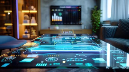 Obraz premium Closeup of a smart desk displaying a holographic desktop environment, with room for text