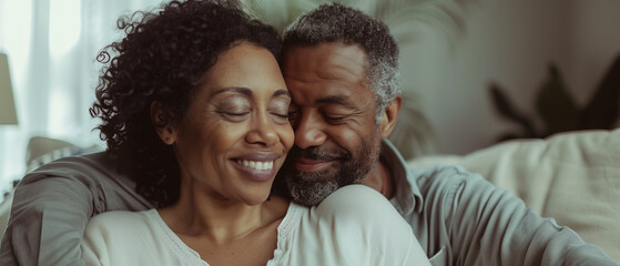 Senior african american couple relaxing embracing at home sitting on the coach. Generative AI.