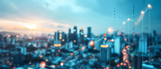 Financial graphs indicators overlap in double exposure with modern urban cityscape. Generative AI