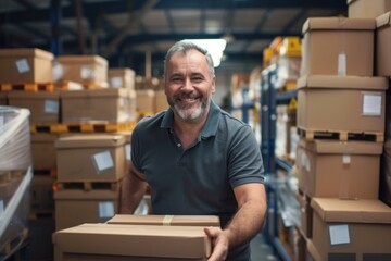 Mature man smiling at the camera while packing cardboard boxes in a distribution warehouse. Happy logistics worker preparing goods for shipment in a large fulfillment centre