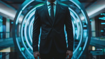 Male CEO in black suit, torso view, threat detection symbol backdrop, modern office setting, representing cybersecurity, cybernetic tone, Analogous Color Scheme