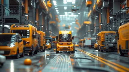 Obraz premium Futuristic Cityscape With Yellow Vehicles Lined Up on Wet Street
