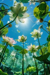 Summer underwater photography. Photo upwards from beneath a pond filled with lotus flowers