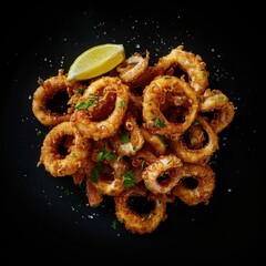 Delicious Crispy Fried Calamari Rings with Lemon and Parsley Garnish