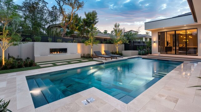 A tranquil poolside scene at twilight
