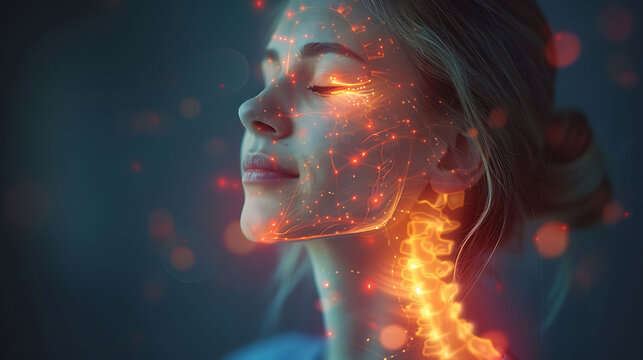 Woman suffering cauda equina syndrome glowing depiction of nerve compression in the lower spinal canal