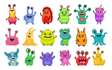 Big set of cartoon monsters. Cute monsters. Kids funny character design for posters, cards., magazins. Vector illustration