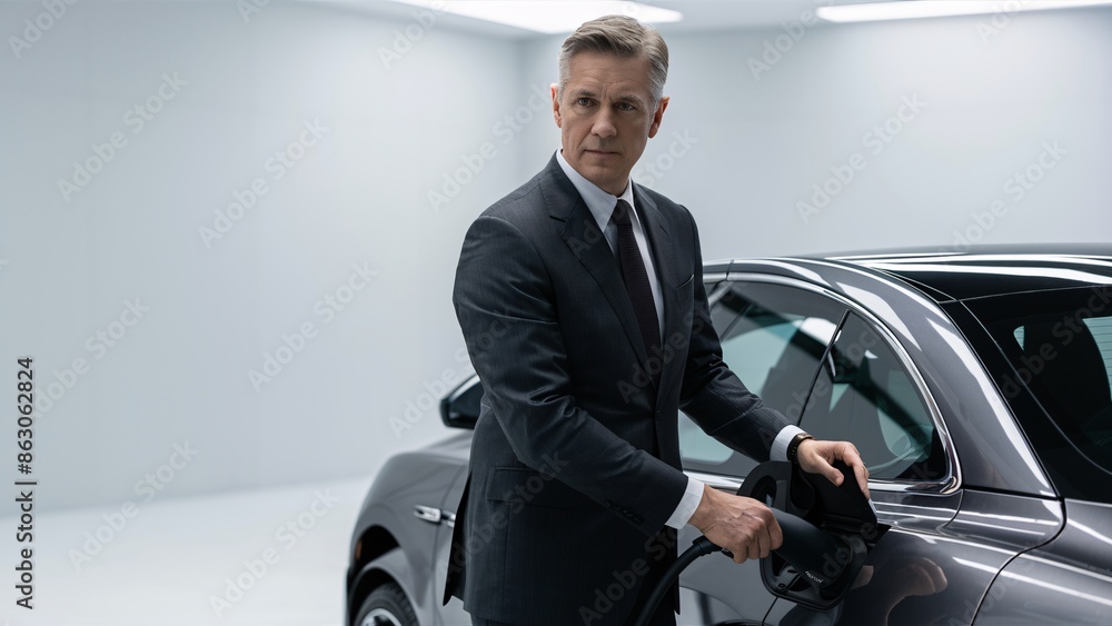 Poster this is a picture of a man in a suit getting into a car. the man is standing on the driver's side of
