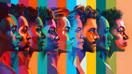 Diverse LGBTQ community portraits line the walls of a bustling gallery, each one a vibrant testament to individuality and unity.The room is alive with color and emotion,capturing the essence community
