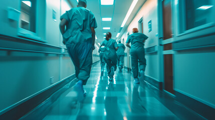 Fototapeta premium Motion bluer shot of doctors and nurses running down a hospital corridor. Generative AI.