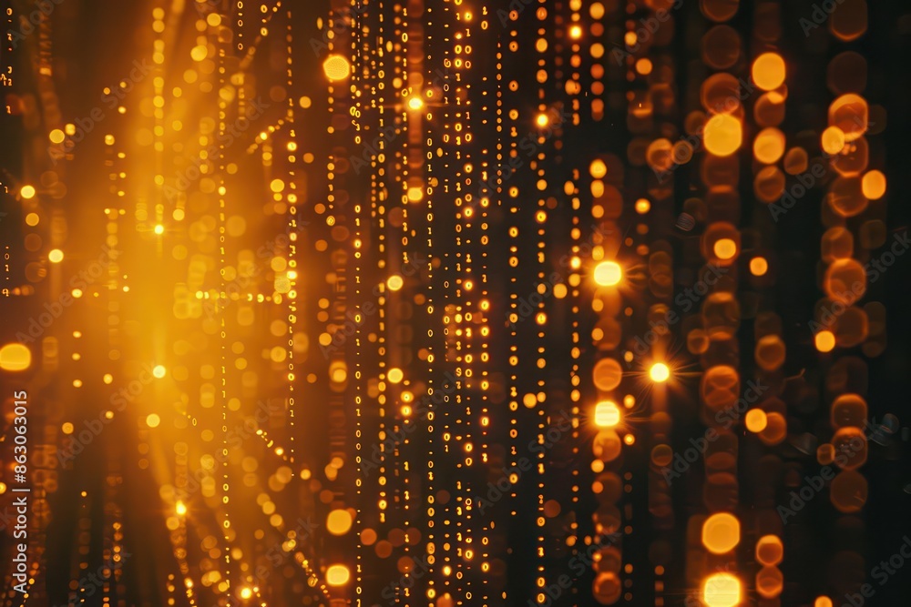 Poster closeup of glowing binary code cascading down a screen, with copy space