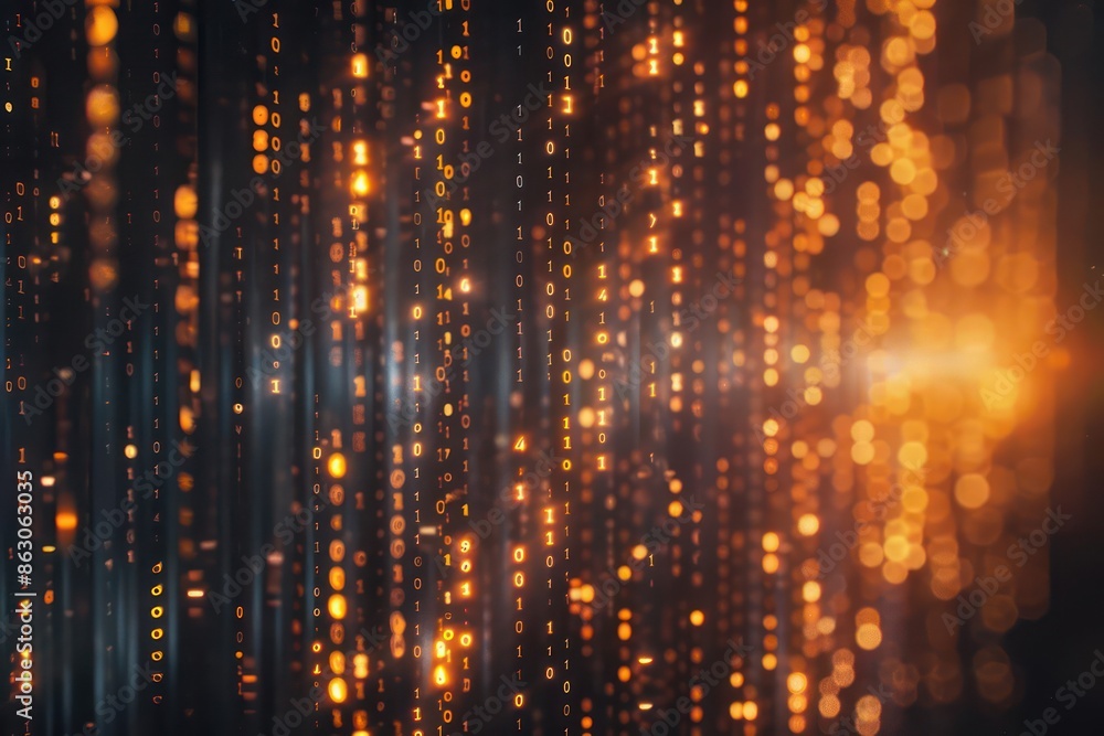 Poster closeup of glowing binary code cascading down a screen, with copy space