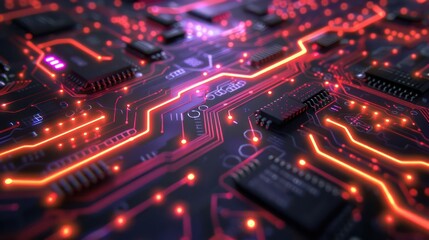 Obraz premium Detailed view of a circuit board with neon lights tracing pathways, with ample copy space
