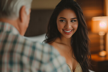Beautiful young brunette woman sitting in the bedroom looking at an older man. Generative AI.