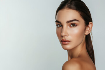 Naklejka premium Closeup portrait of a beautiful young brunette with tied hair isolated on grey. Generative AI.