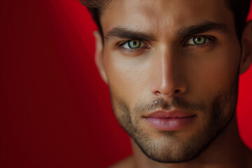 Fototapeta premium Closeup of confident man with short hair and green eyes isolated on red background Generative AI