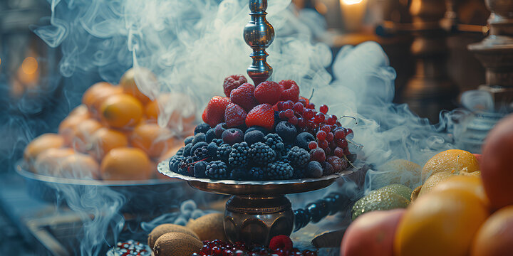 
Tobacco fruits for hookah hookah The concept of fruit tobacco for hookah,Abstract colorful vape wallpaper with berry and smoke
