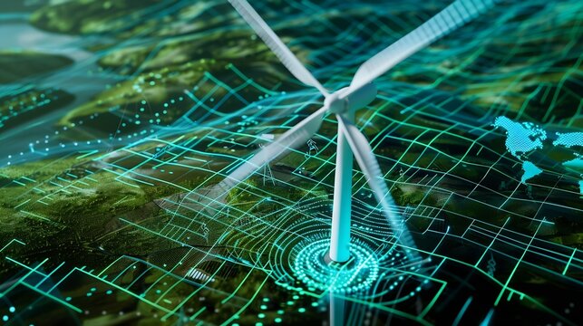 Windmill and graphic diagram of air currents that produce green energy Green energy power production it is futureRenewable energy designDigital graphic work on green energy power Produ : Generative AI