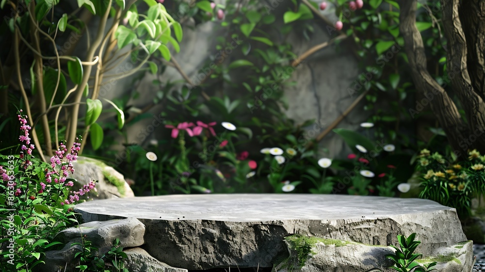 Poster Front view of the stone podium showcases products in a garden with flowers plants and branches Empty platform : Generative AI