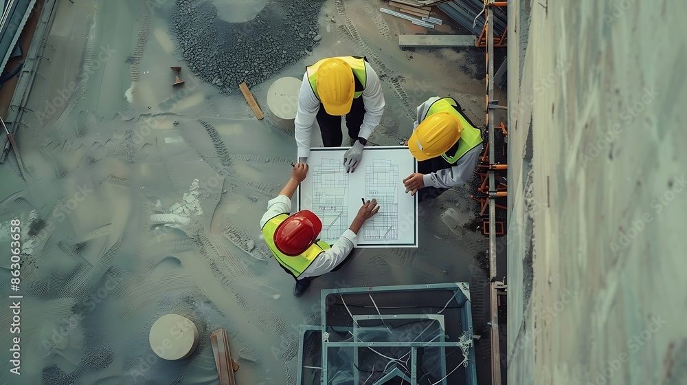 Aufkleber Top view Team engineer building inspection use tablet computer and blueprint working at construction site Civil Engineer Contractor and Architect discussing in construction site : Generative AI
