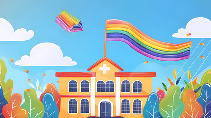 Inclusive LGBTQ education and awareness are being promoted in a vibrant classroom, where students diverse backgrounds engage in open discussions.The room is filled with colorful posters that celebrate