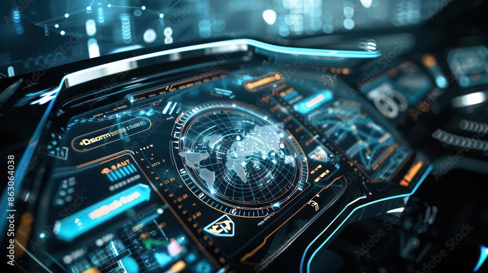 Poster detailed view of a futuristic dashboard displaying a 3d navigation map, with ample copy space