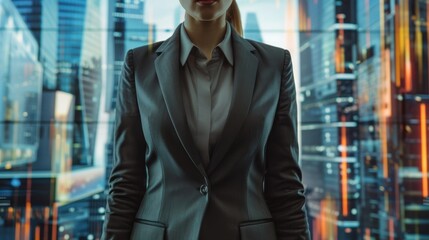 Fototapeta premium Female CEO in charcoal grey suit, torso view, reviewing global trade report, modern office backdrop, representing global commerce expertise, cybernetic tone, Analogous Color Scheme