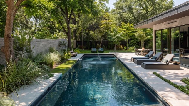 A serene backyard pool surrounded by lush greenery