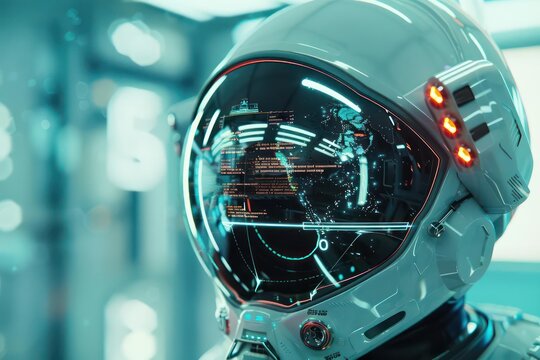 Detailed view of a futuristic space helmet visor showing HUD information, with space for text