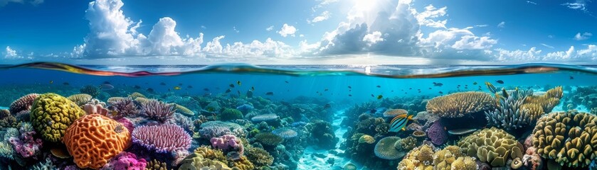 Fototapeta premium Vibrant coral reef underwater panorama with diverse marine life, clear water, and a sunny sky, showcasing the beauty of an aquatic ecosystem.