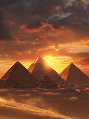 Great pyramids in Giza valley over wonderful sunset sky. Generative AI.