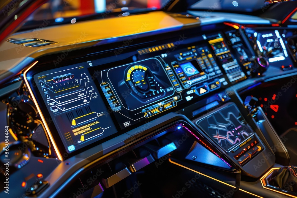 Poster detailed view of a hightech control panel in an autonomous vehicle, with ample copy space