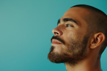 Obraz premium Head shot portrait of a brunette man with beard in profile isolated on blue background Generative AI