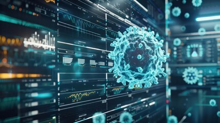 Obraz premium Detailed view of a holographic virus model being analyzed on a screen, with ample copy space