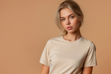 Obraz premium Studio portrait of a beautiful young blonde woman on pastel beige background.