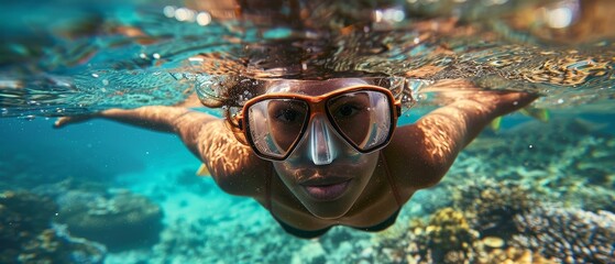 Woman snorkeling in clear tropical water, enjoying vibrant coral reef underwater, marine life exploration activity. - Powered by Adobe