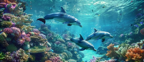 Fototapeta premium Vibrant underwater scene with dolphins swimming among colorful coral reefs, showcasing marine life in crystal-clear blue ocean waters.
