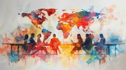 Diverse team planning a global strategy, international cooperation, watercolor style